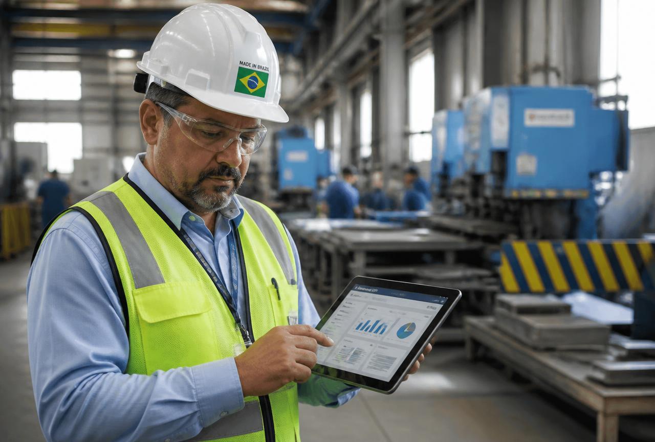 Gestor industrial acompanhando indicadores do ERP KORVIX em uma metalúrgica