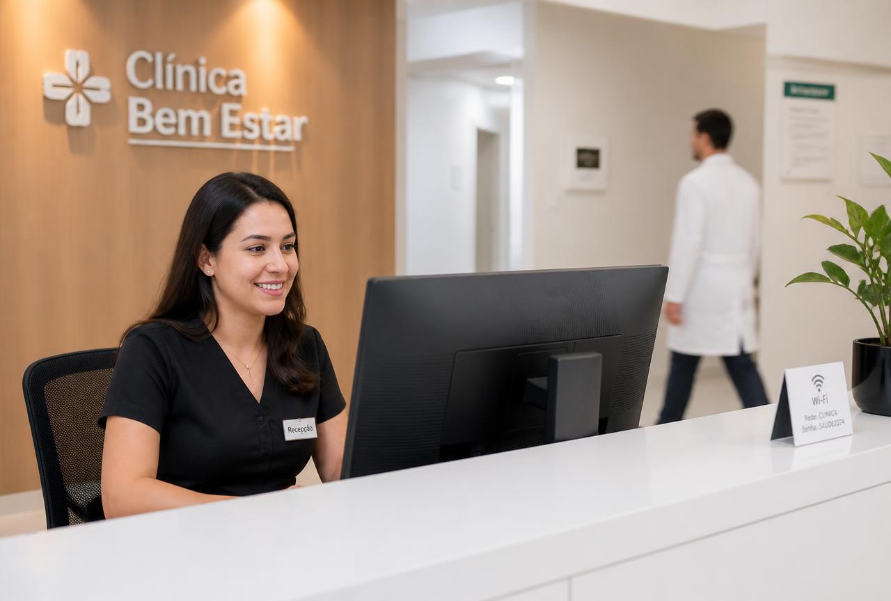 Recepcionista de clínica médica utilizando o sistema de gestão KORVIX